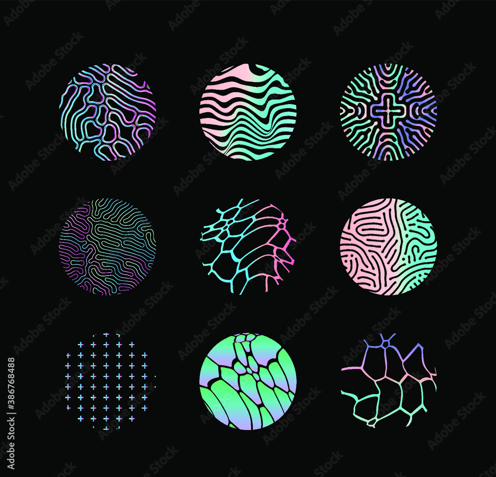 Poster abstract geometric background with composition of holographic circles, shapes with futuristic orname