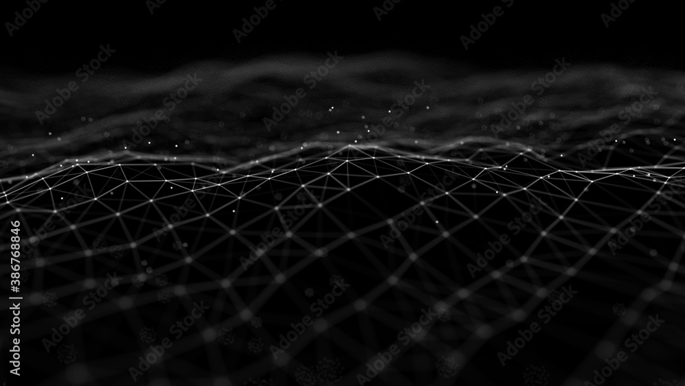 Poster wave 3d. wave of particles. abstract black geometric background. big data visualization. data techno