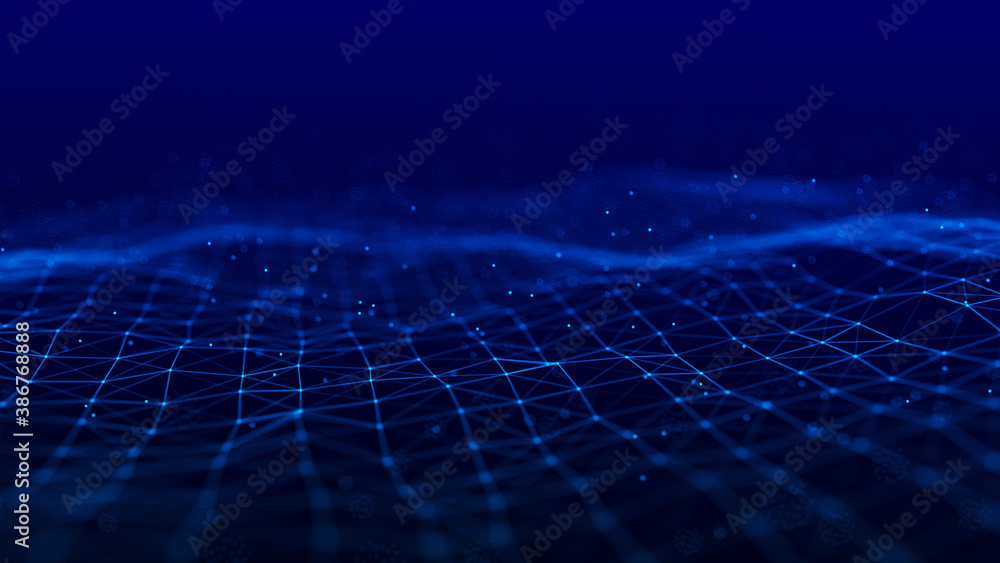 Poster wave 3d. wave of particles. abstract blue geometric background. big data visualization. data technol