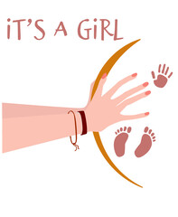 Flat style illustration. Two hands touching belly of pregnant woman. There are legs and hand of the baby in the mother stomach.