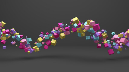 Group of bright colorful cubes. Gray background. Abstract illustration, 3d render.