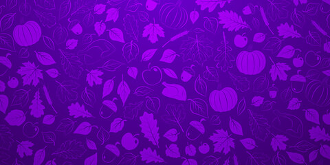 Fototapeta na wymiar Happy Thanksgiving background with autumn leaves, vegetables and turkey in purple colors