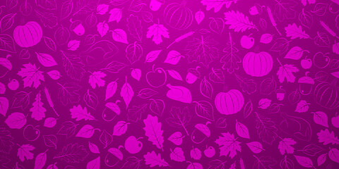 Happy Thanksgiving background with autumn leaves, vegetables and turkey in purple colors