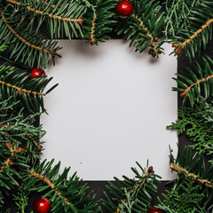 Obraz na płótnie Canvas Frame of Christmas tree branches and decorations.