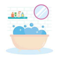 bathtub with bubbles, mirror and shelf with bottles products cosmetics
