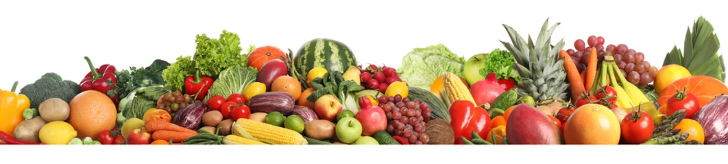 Photo sur Plexiglas Légumes frais Collection of fresh organic vegetables and fruits on white background. Banner design