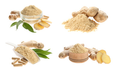 Set with ginger root and powder on white background
