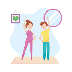 stay safe, cartoon couple making yoga in room, during covid 19 quarantine