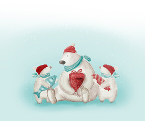 Christmas card. Polar bear with cubs. Funny animals in hats and scarves holding in the paws a gift box, a fish, a piece of candy. Sketch.