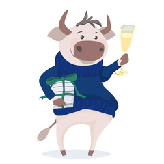 Vector illustration of funny bull in a blue sweater with a gift and champagne 