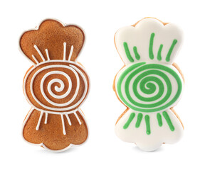 Two Christmas candy shaped cookies on white background