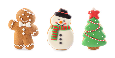Set of different Christmas cookies on white background