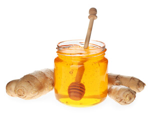 Ginger and honey on white background. Natural cold remedies