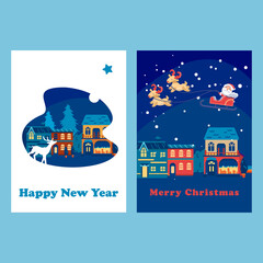 Santa Claus Happy new year card set on blue backdrop. Christmas postcard for invitation or gift card, notebook, bath tile, scrapbook. Phone case or cloth print. Flat style stock vector illustration
