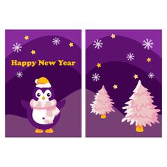 New year penguin card on white isolated backdrop. Christmas tree postcard for invitation or gift card, notebook, bath tile, scrapbook. Phone case or cloth print. Flat style stock vector illustration