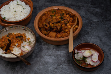 Lebanese chickpeas moussaka with chickpeas and aubergine, maghmour, served with rice,