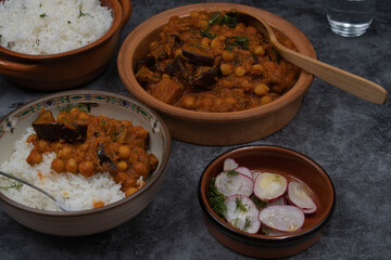 Lebanese chickpeas moussaka with chickpeas and aubergine, maghmour, served with rice,