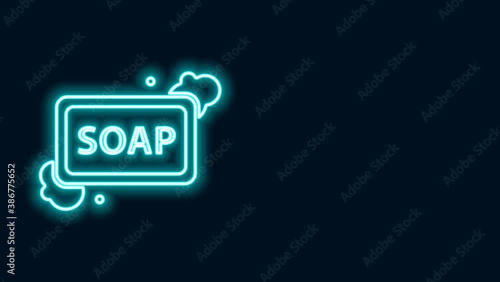 Poster glowing neon line bar of soap with foam icon isolated on black background. soap bar with bubbles. 4k