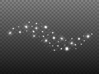 Glitter wave on transparent backdrop. Silver light with shining stars. Sparkling trail effect. Luxury design element. Christmas template with stardust. Vector illustration