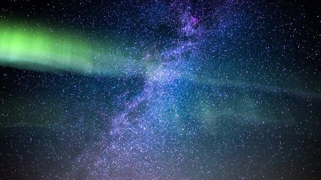Aurora and Milky Way Galaxy Summer North Sky 24mm Time Lapse Sunrise Simulated Northern Lights