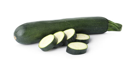 Cut and whole green ripe zucchini isolated on white