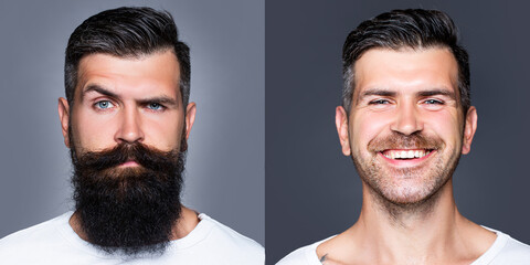 Bearded man with long beard and mustache or handsome hipster in barbershop. Shaved vs unshaven Barber hair salon. Before and after.