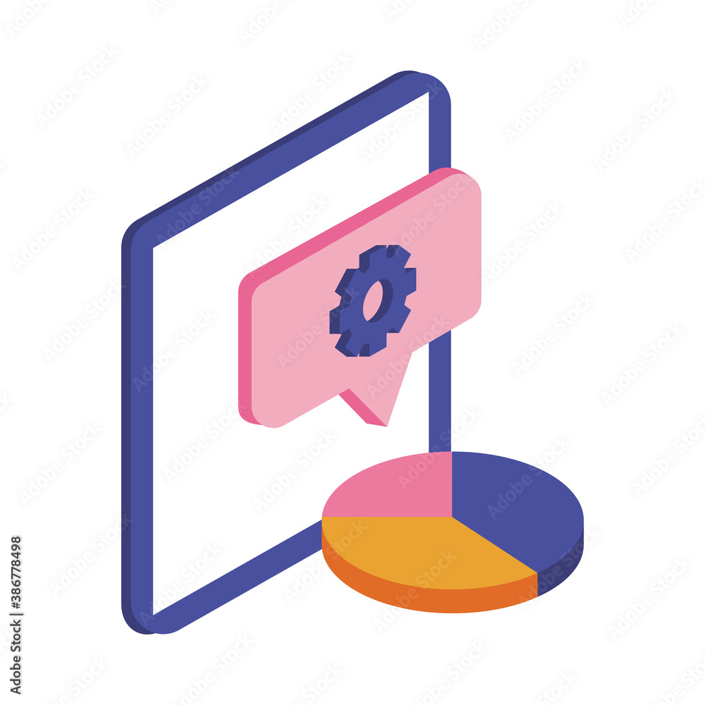 Poster tablet electronic with statistics pie and gear in speech bubble