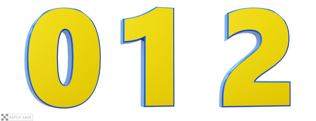 Font story, numbers 0, 1, 2, 3d render glosy yellow and blue. Path save.