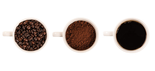 Top view, Coffee cup assortment collection ,roasted grains and ground coffee isolated on white background.