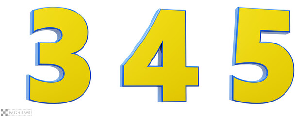 Font story, numbers 3, 4, 5, 3d render glosy yellow and blue. Path save.