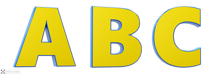 Font story, letters A, B, C,  3d render glosy yellow and blue. Path save.