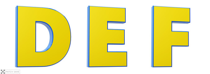 Font story, letters D, E, F, 3d render glosy yellow and blue. Path save.