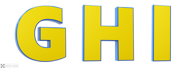 Font story, letters G, H, I, 3d render glosy yellow and blue. Path save.