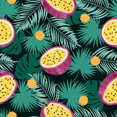 Tropical seamless vector pattern with passion fruit and jungle leaves. Summer background.