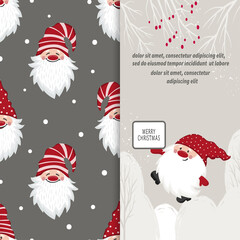 Greeting Christmas card design with cartoon gnome.	