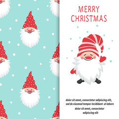 Greeting Merry Christmas card design with cartoon gnome.