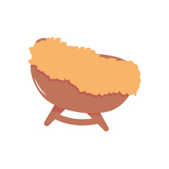 cartoon wooden crib with hay on white background