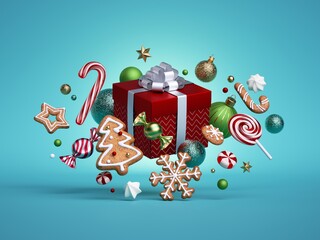 3d render, Christmas festive gift box, decorated with gingerbread cookies and balls ornaments isolated on blue background. Objects levitate