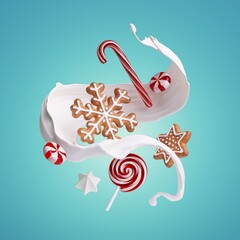 3d rendering of milk splash, gingerbread cookies and caramel candies isolated on blue background. White splashing liquid wave and sweets levitate. Christmas food illustration