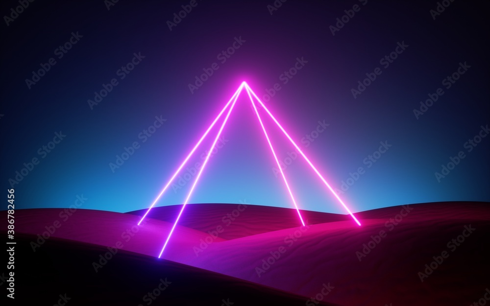 Wall mural 3d render, abstract pink blue neon background with glowing pyramid in the middle of the empty desert