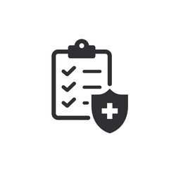 Medical insurance. Medical record. Tasks. Clipboard icon. Task done. Signed approved document icon. Project completed. Medical card. Medical survey. Shield icon. Health document. Data protection.