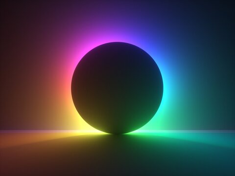 3d render, abstract background with colorful vibrant neon light behind the black ball. Eclipse concept.