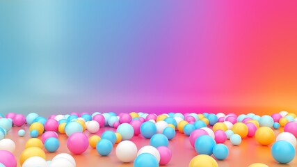 3d render, abstract vibrant gradient background, assorted colorful balls placed on the floor of empty room. Minimal fun concept. Pink blue yellow white spheres.