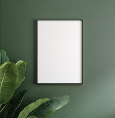 Mockup poster frame close up on wall with decor, 3d render