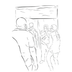 Simple Vector Hand Draw Sketch, Queues People, Body Temperature Check Before Entering Desinfectant Chamber, health protocols during a pandemic Covid-19
