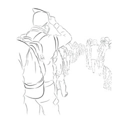 Fototapeta na wymiar Simple Vector Hand Draw Sketch, Queues that violate health protocols during a pandemic Covid-19 