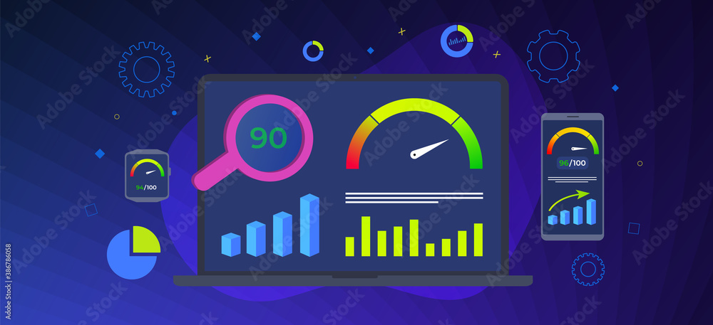 Poster website page speed optimization horizontal vector banner. loading time analysis - site speed seo ser