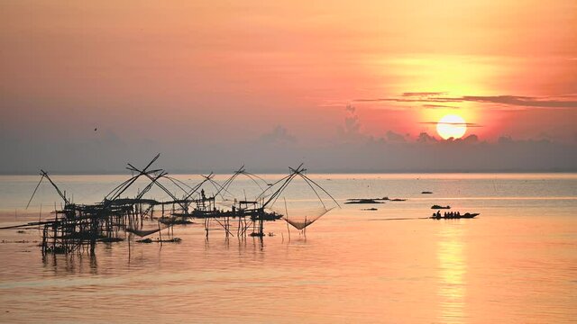 View of Pakpra village where is still fishing by traditional method net made by bamboo in Phatthalung province Thailand
