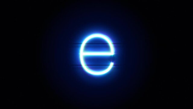 Neon font letter E lowercase appear in center and disappear after some time. Animated blue neon alphabet symbol on black background. Looped animation.