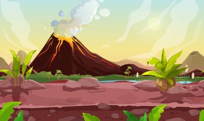 Prehistoric steaming volcano pc game scene, cartoon vector volcanic background with palm trees, river and rocks under cloudy sky. Jurassic era of Earth evolution, nature landscape with tropical plants